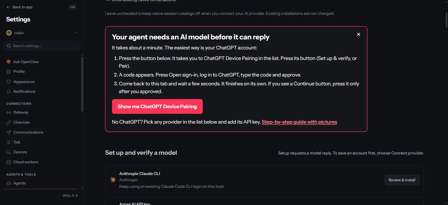 OpenClaw Model Setup page with the red guide box and the Show me ChatGPT Device Pairing button