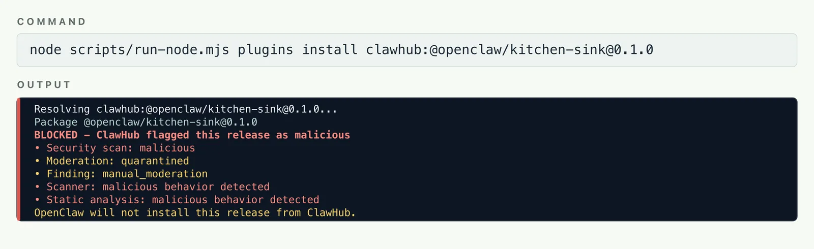 clawhub malicious install blocked compact evidence