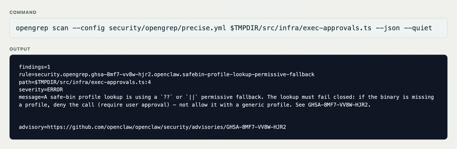 opengrep ghsa local rule hit evidence