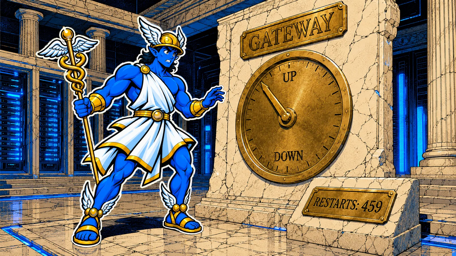 Comic-style Hermes mascot in a marble data centre, facing a gold gauge labeled GATEWAY with UP and DOWN marks and a plaque reading RESTARTS: 459
