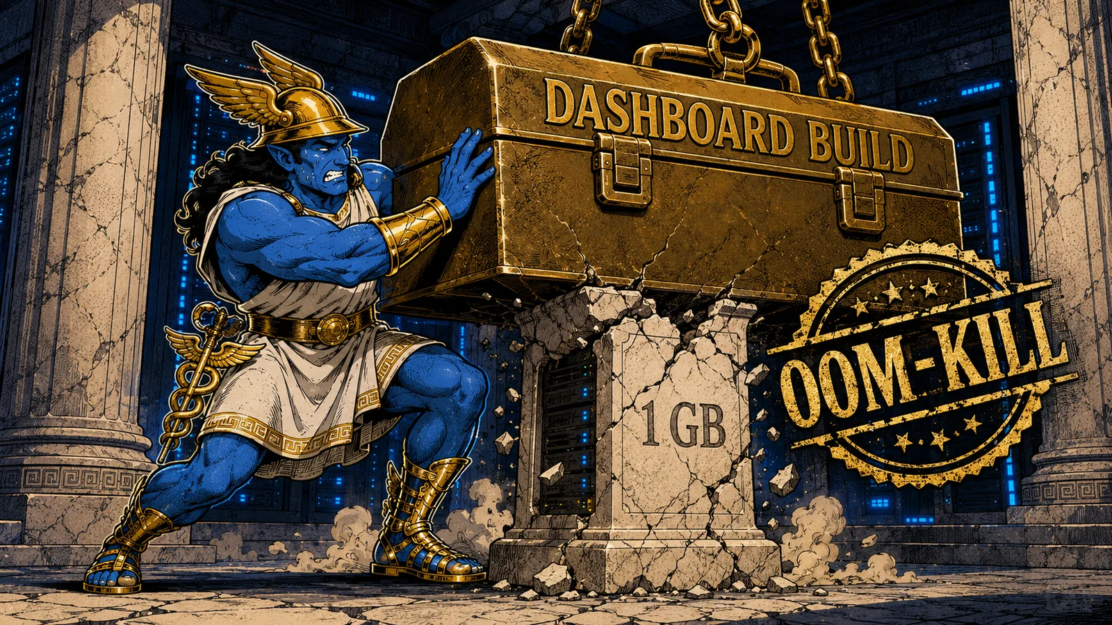 Hermes mascot bracing a small marble server pedestal labeled 1 GB that buckles under a heavy toolbox labeled DASHBOARD BUILD, with a stamp reading OOM-KILL