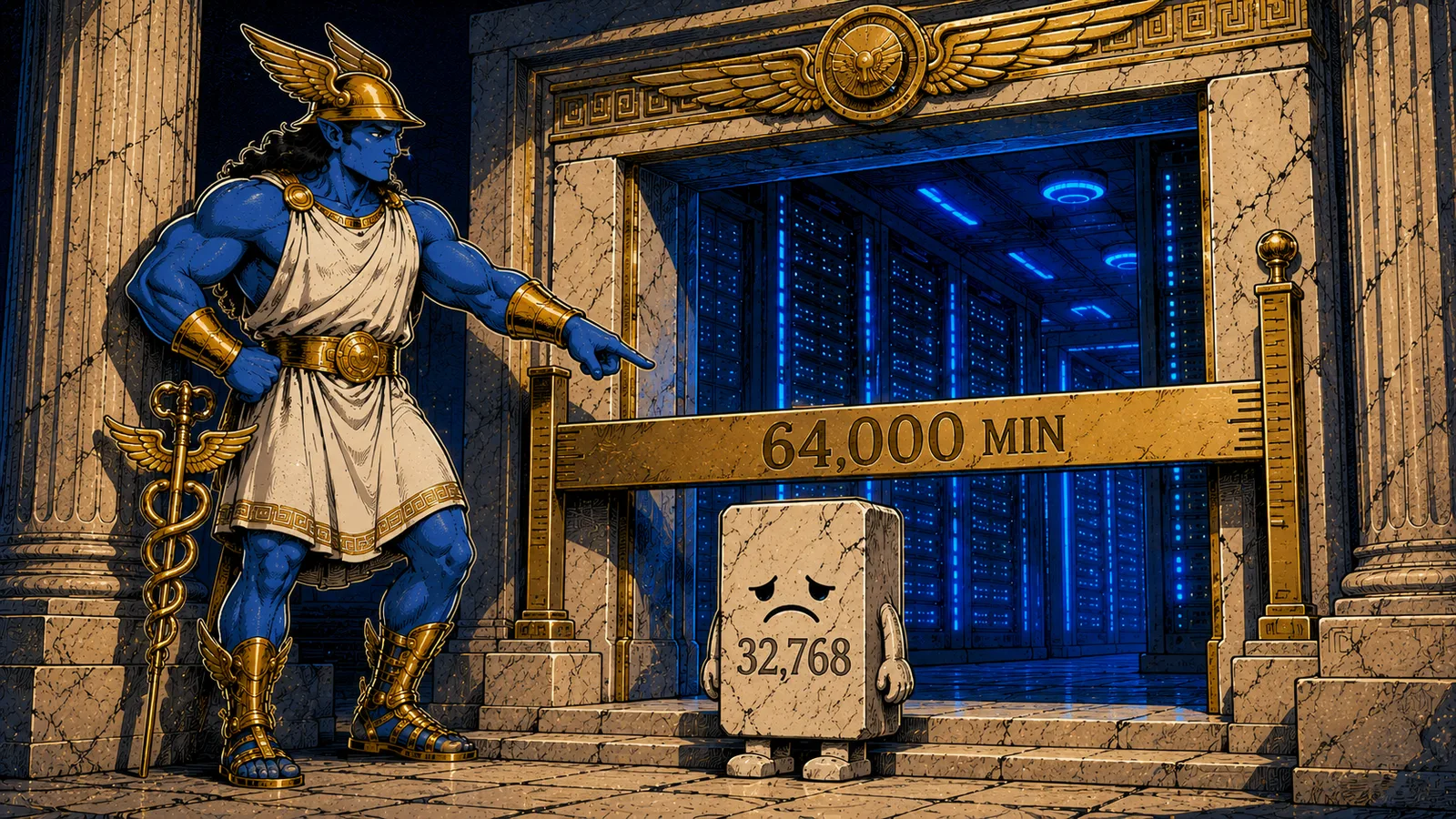 Hermes mascot as gatekeeper at a marble doorway with a measuring bar labeled 64,000 MIN, while a small block labeled 32,768 fails to pass