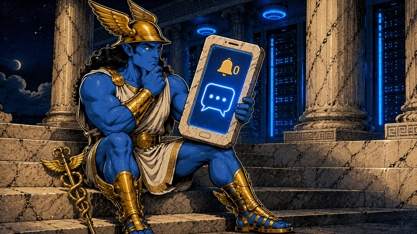 Hermes mascot looking at a marble phone showing an empty chat bubble and a bell counter at zero, in a blue-lit marble hall
