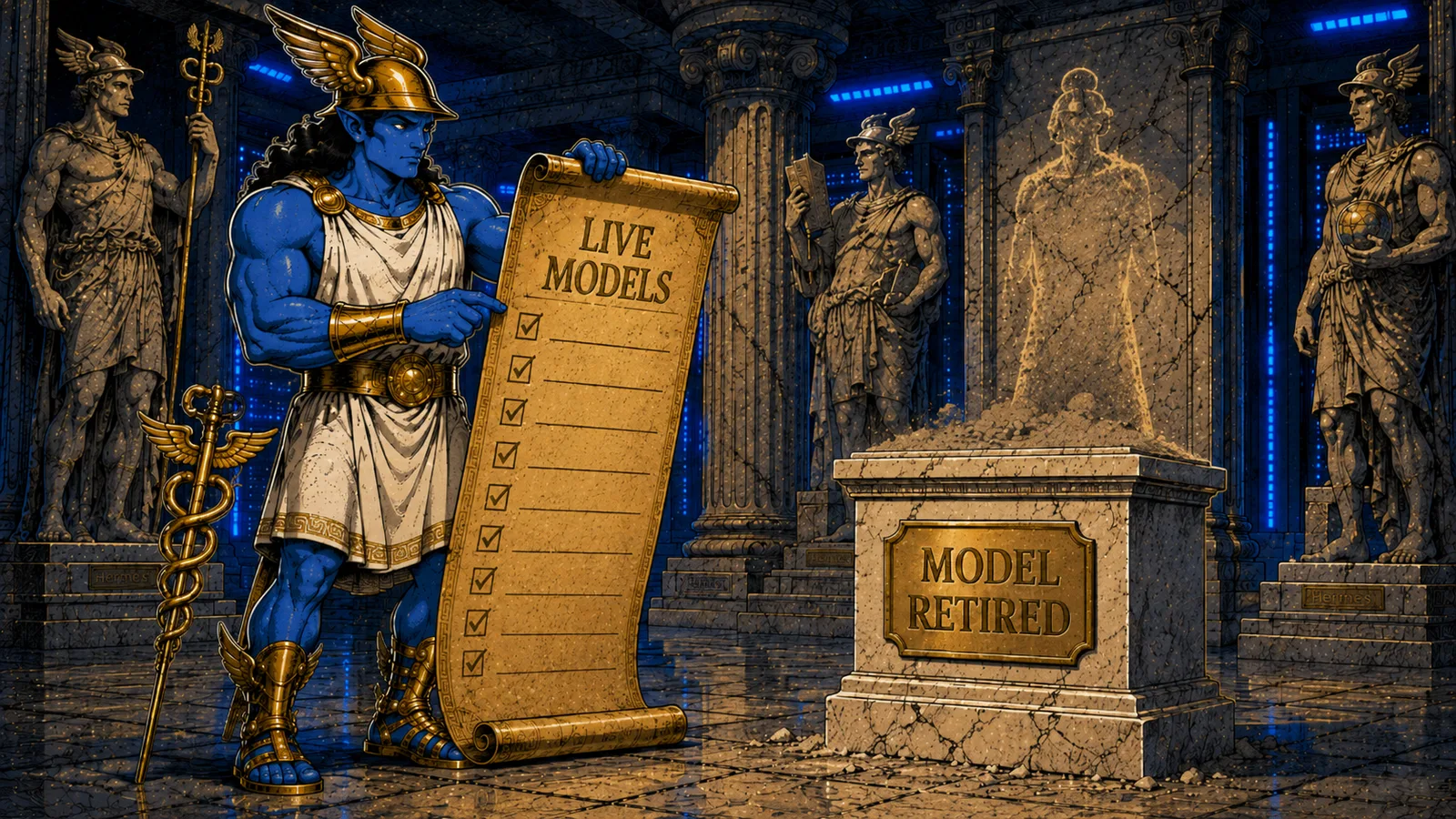 Hermes mascot reading a scroll labeled LIVE MODELS beside an empty marble plinth whose plaque reads MODEL RETIRED