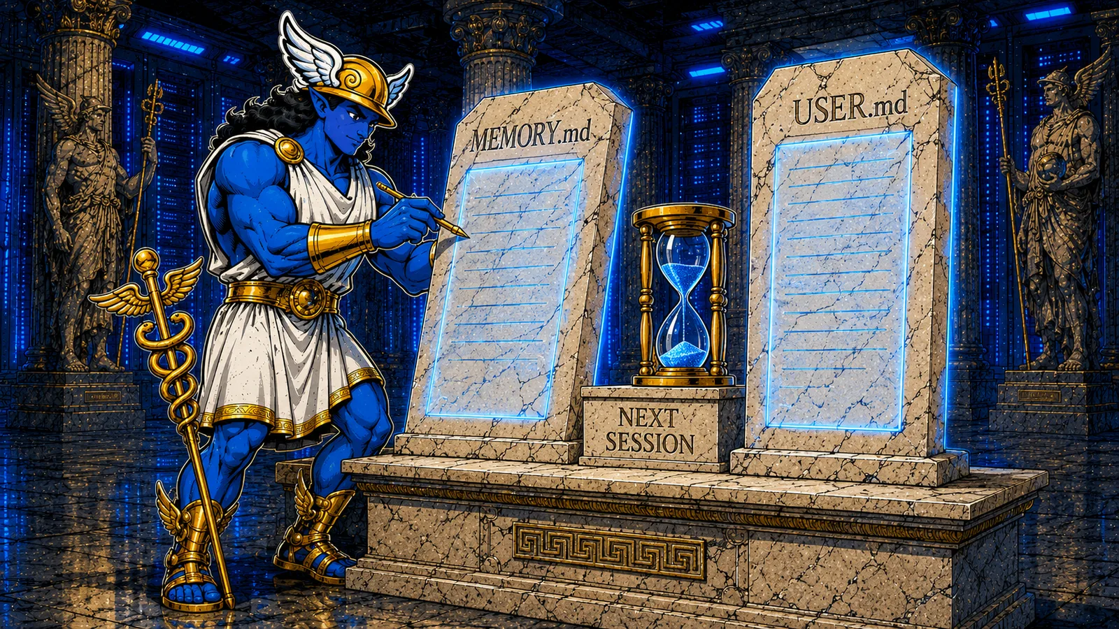 Hermes mascot carving a note beside two glowing marble tablets labeled MEMORY.md and USER.md, with an hourglass engraved NEXT SESSION