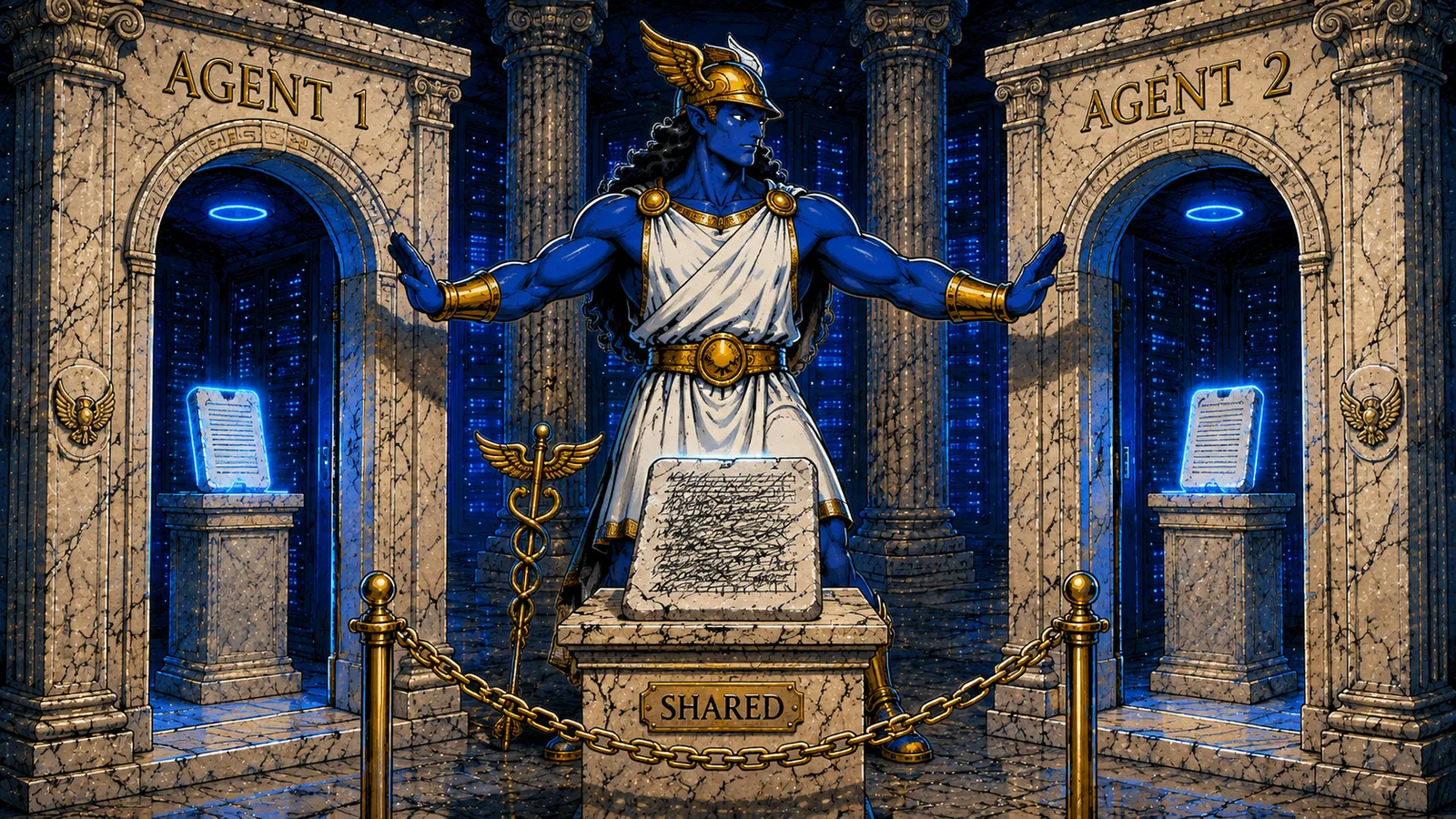 Hermes mascot gesturing toward two marble doorways labeled AGENT 1 and AGENT 2, each with its own tablet, while a shared tablet between them shows scribbled conflicting text