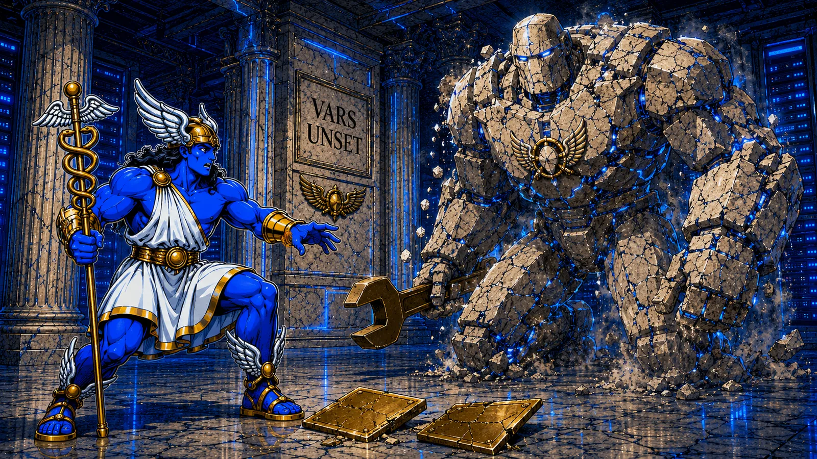 Hermes mascot alarmed as a stone installer golem wakes holding a bronze wrench, beside dropped dark tablets and a wall sign reading VARS UNSET
