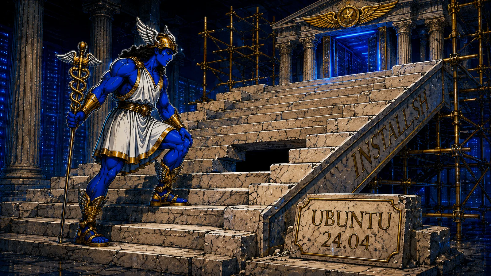 Hermes mascot climbing a half-built marble staircase engraved INSTALL.SH with one step missing, above a plaque reading UBUNTU 24.04