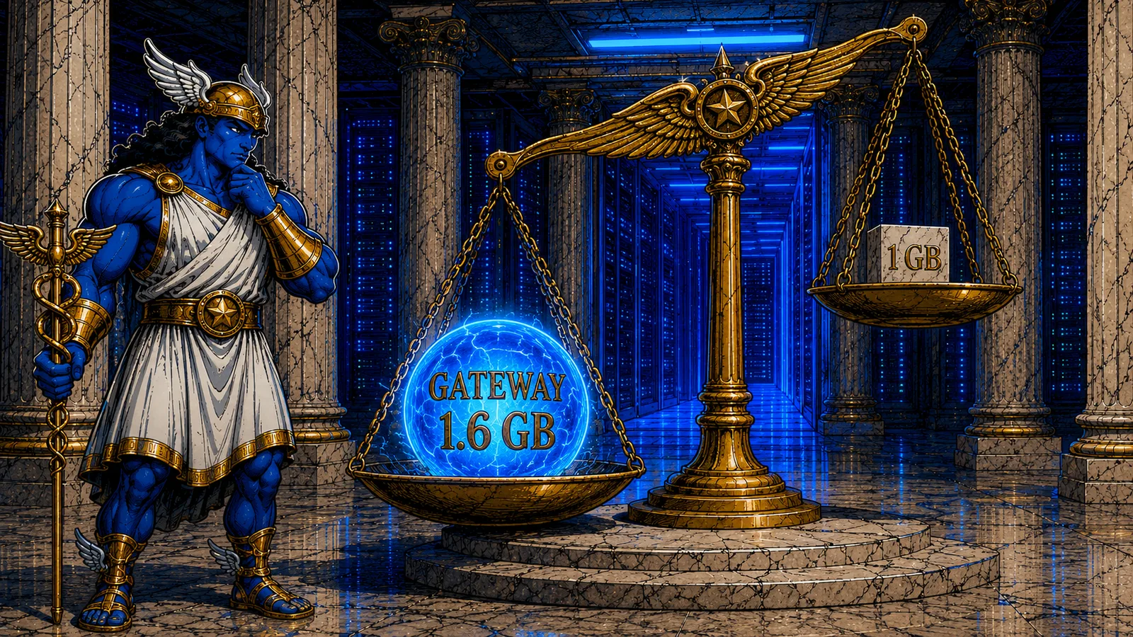 A bronze balance scale with a glowing orb engraved GATEWAY 1.6 GB sinking one pan while a small marble cube engraved 1 GB rises on the other, watched by the Hermes mascot