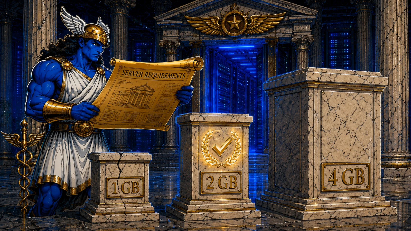 Hermes mascot as an architect reading a gold scroll titled SERVER REQUIREMENTS beside three marble pedestals engraved 1 GB, 2 GB and 4 GB, the 2 GB one marked with a laurel check