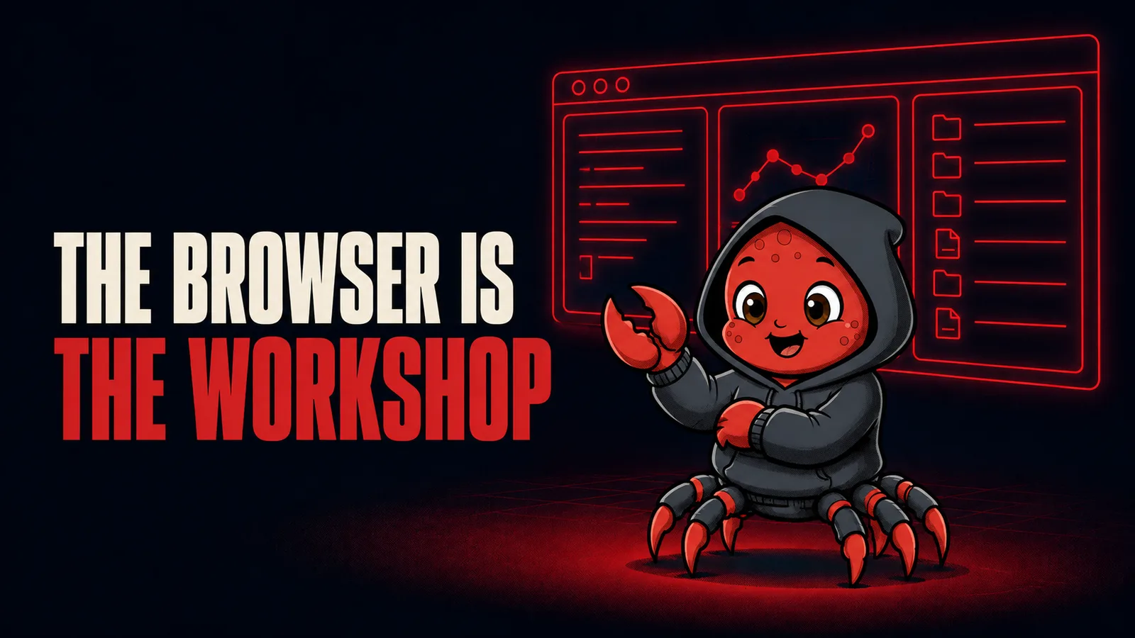 The OpenClaw crab mascot presenting a browser window split into a terminal, a chart widget and a file list