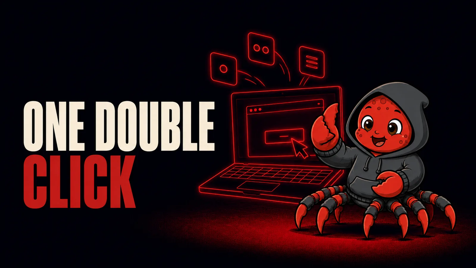 The OpenClaw crab mascot giving a thumbs up beside a laptop showing a one button installer