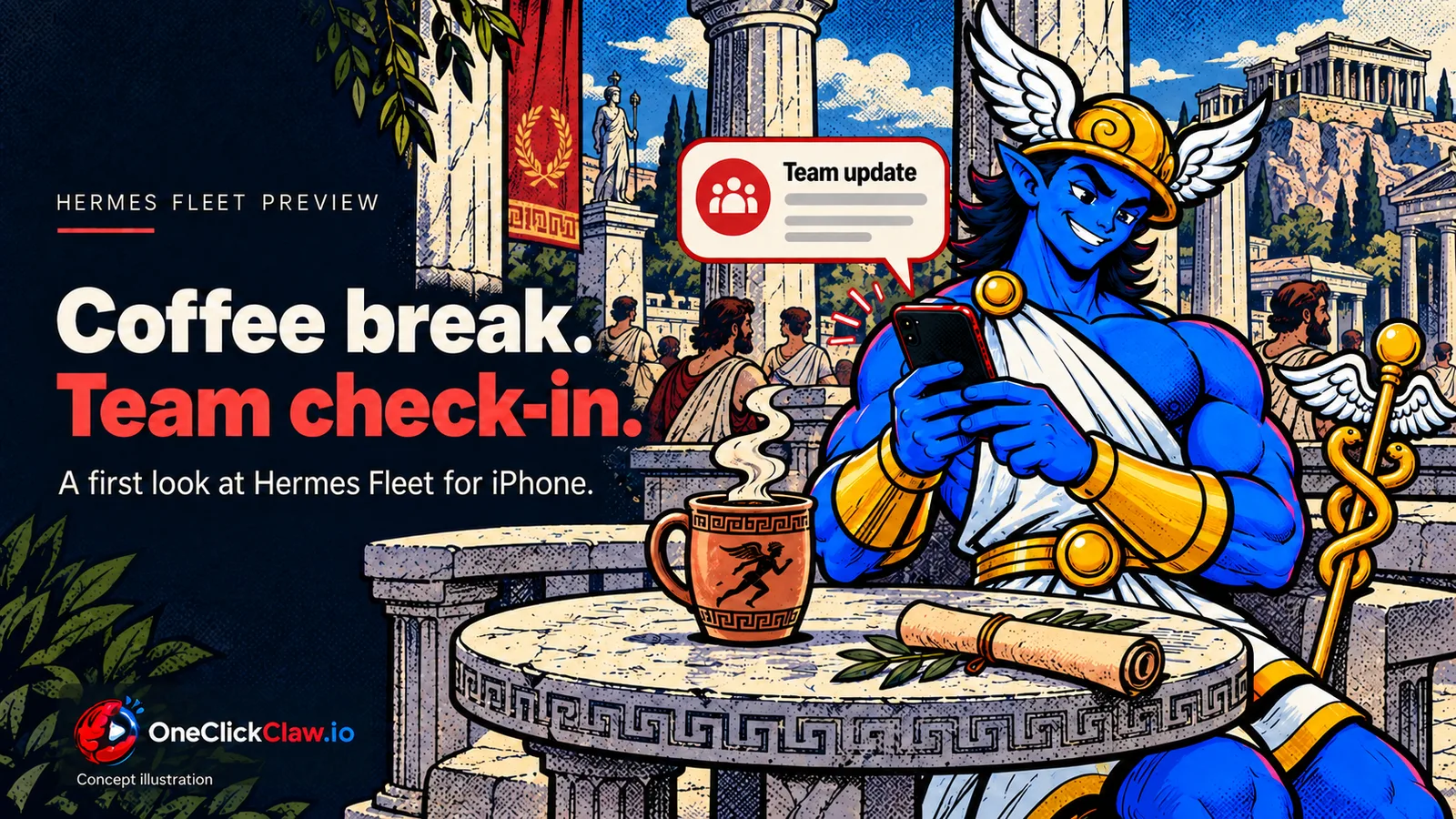 Hermes checks his phone over coffee in an ancient Greek agora, comic illustration