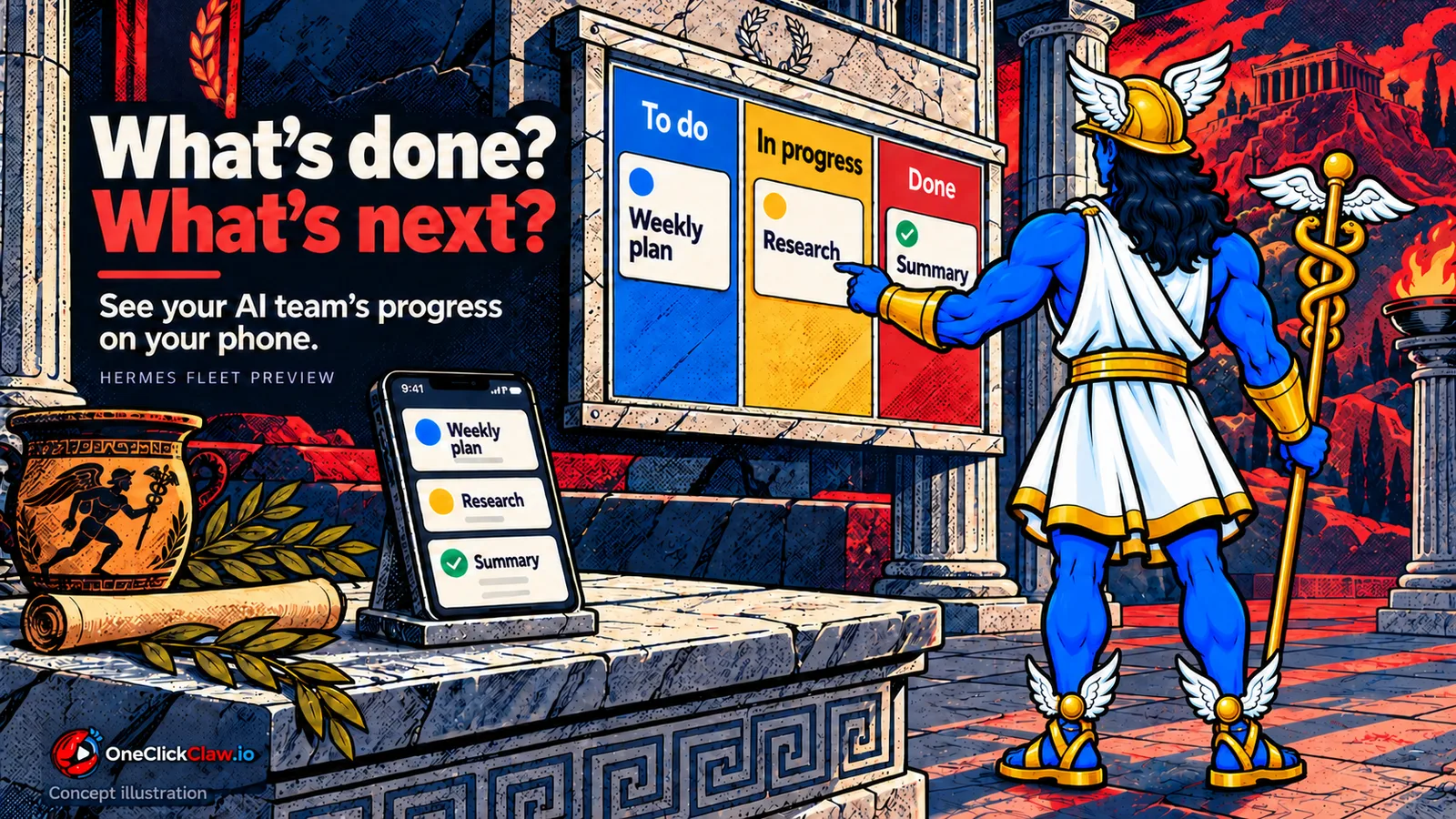 Hermes views a task board in an ancient Greek temple, comic illustration