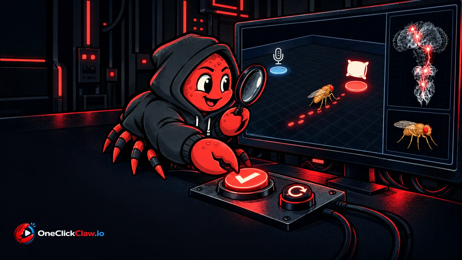 Illustration: the OneClickClaw crab presses accept while a fruit fly in a grid arena walks to the nap option and its simulated brain lights up on the monitor.