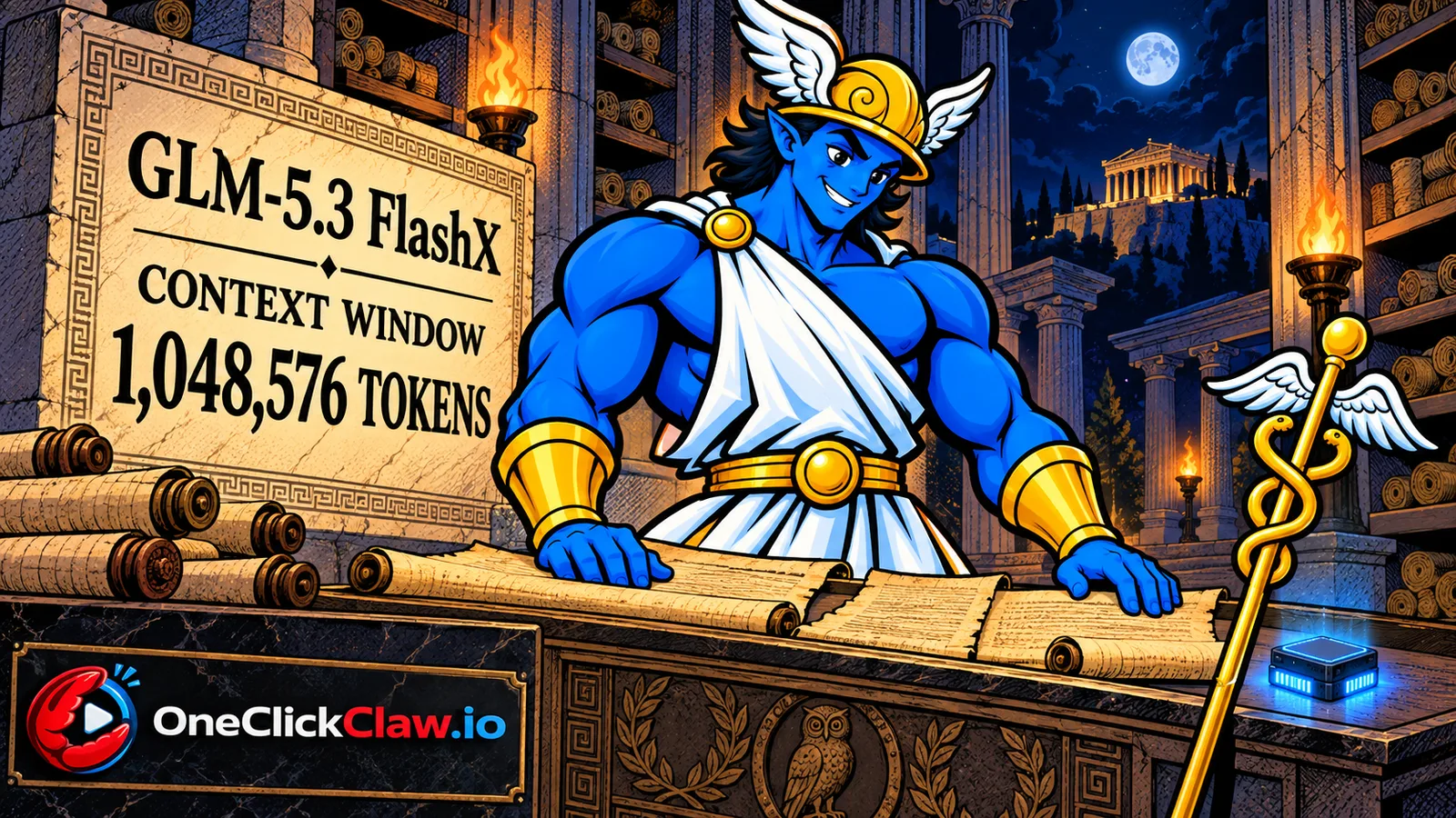 Illustration: the model context window holds up to 1,048,576 tokens. The archive is a visual metaphor for working with information.