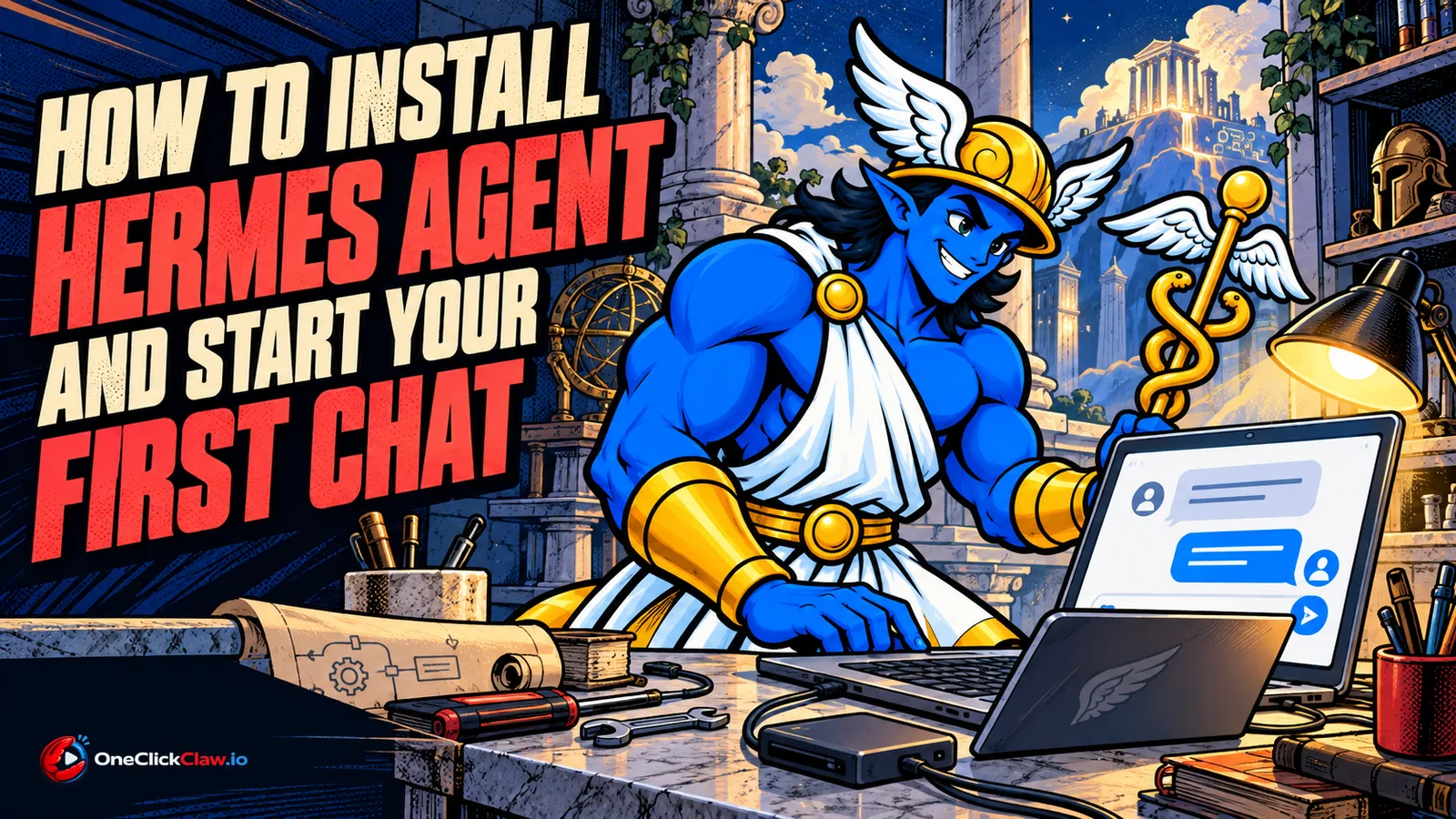 Hermes Agent beside a laptop showing a first chat