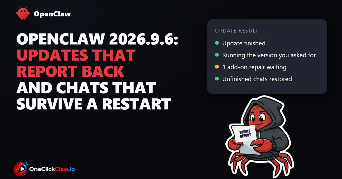 The OneClickClaw crab reading an update report beside the headline OpenClaw 2026.9.6: updates that report back and chats that survive a restart.