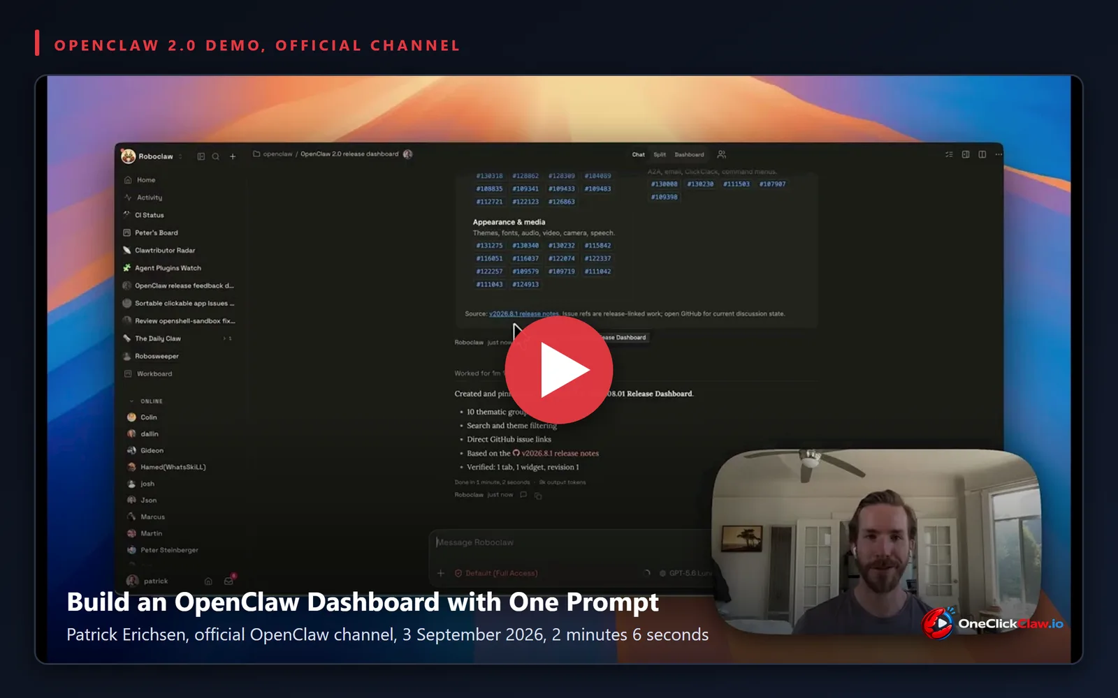Still from the official OpenClaw video Build an OpenClaw Dashboard with One Prompt, published 3 September 2026, with Patrick Erichsen and the OpenClaw 2.0 release dashboard on screen.