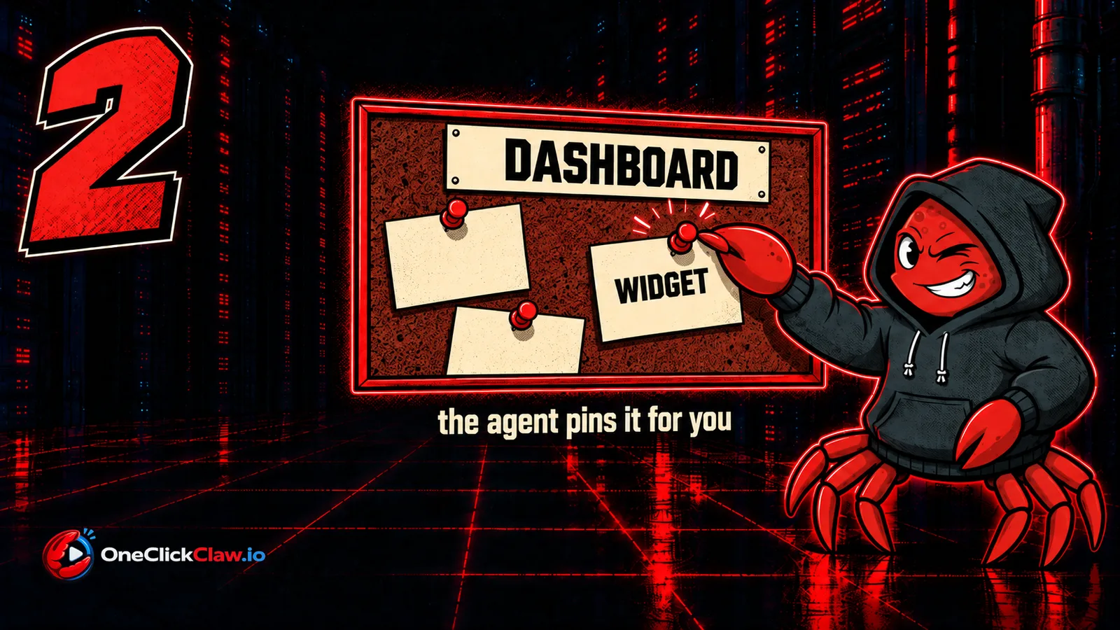 Step 2 in red comic style: the OpenClaw crab mascot pins a card labelled widget onto a corkboard whose header reads dashboard.